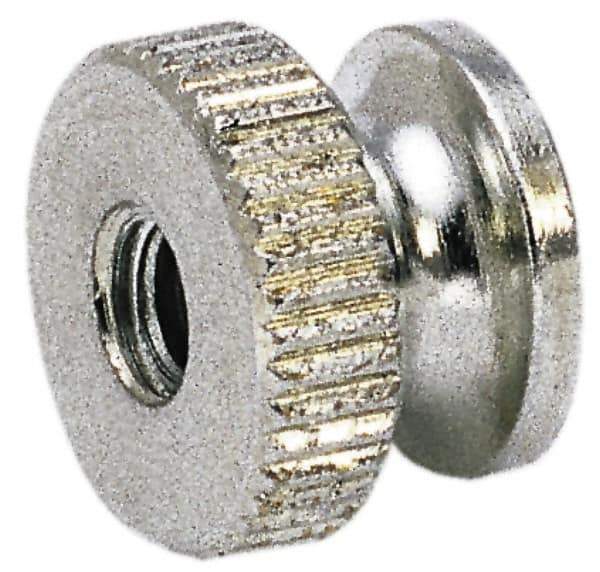 Electro Hardware - #10-24 UNC Thread, Uncoated, Grade 302, 303 Stainless Steel Round Knurled Thumb Nut - 11/32" Overall Height, 1/2" Head Diam - Exact Tool & Supply