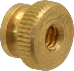 Electro Hardware - #10-24 UNC Thread, Uncoated, Grade B-633 Brass Round Knurled Thumb Nut - 11/32" Overall Height, 1/2" Head Diam - Exact Tool & Supply