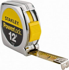 Stanley - 12' x 1/2" Yellow Blade Tape Measure - 1/32 & 1/16" Graduation, Inch Graduation Style, Silver Case - Exact Tool & Supply