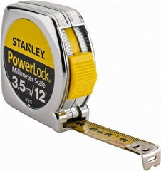 Stanley - 12' x 1/2" Yellow Blade Tape Measure - 1/32 & 1/16" Graduation, Inch/Metric Graduation Style, Silver Case - Exact Tool & Supply