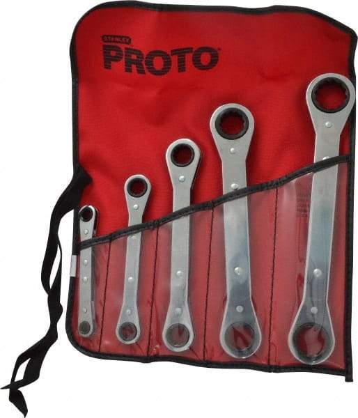Proto - 5 Piece, 1/4 x 5/8 to 3/4 x 7/8", 12 Point, Ratcheting Box Wrench Set - Inch System of Measurement, Full Polish Finish, Comes in Nylon Roll - Exact Tool & Supply