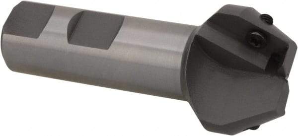 Everede Tool - 30° Lead Angle, 1.303" Max Cut Diam, 3/4" Min Cut Diam, 0.479" Max Depth of Cut, Indexable Chamfer and Angle End Mill - 2 Inserts, APLT 347 Insert Style, 3" Overall Length, Straight Shank, 60° Included Angle - Exact Tool & Supply