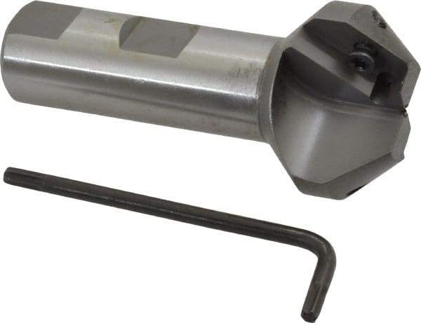 Everede Tool - 41° Lead Angle, 1.414" Max Cut Diam, 11/16" Min Cut Diam, 0.418" Max Depth of Cut, Indexable Chamfer and Angle End Mill - 2 Inserts, APLT 347 Insert Style, 3" Overall Length, Straight Shank, 82° Included Angle - Exact Tool & Supply