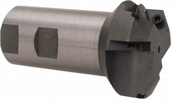 Everede Tool - 60° Lead Angle, 1.958" Max Cut Diam, 1" Min Cut Diam, 0.277" Max Depth of Cut, Indexable Chamfer and Angle End Mill - 3 Inserts, APLT 347 Insert Style, 3.2" Overall Length, Straight Shank, 120° Included Angle - Exact Tool & Supply