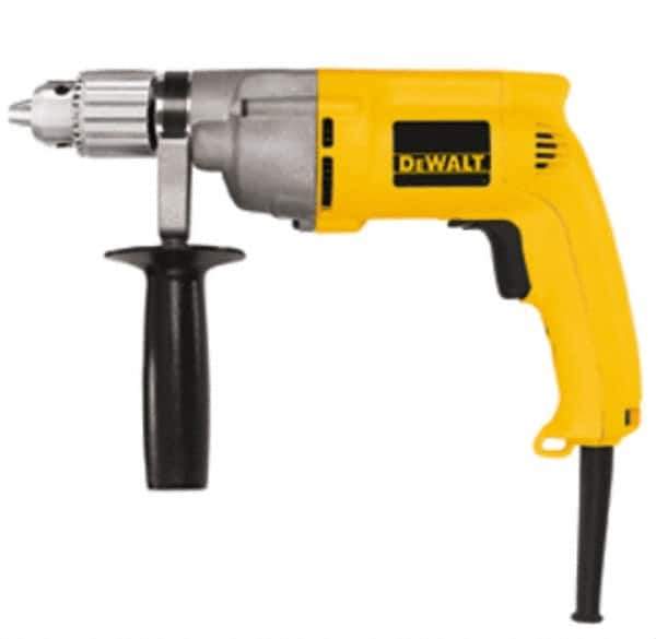 DeWALT - 1/2" Keyed Chuck, 0 to 600 RPM, Pistol Grip Handle Electric Drill - 7.8 Amps, 120 Volts, Reversible, Includes 360° Side Handle & Chuck Key with Holder - Exact Tool & Supply
