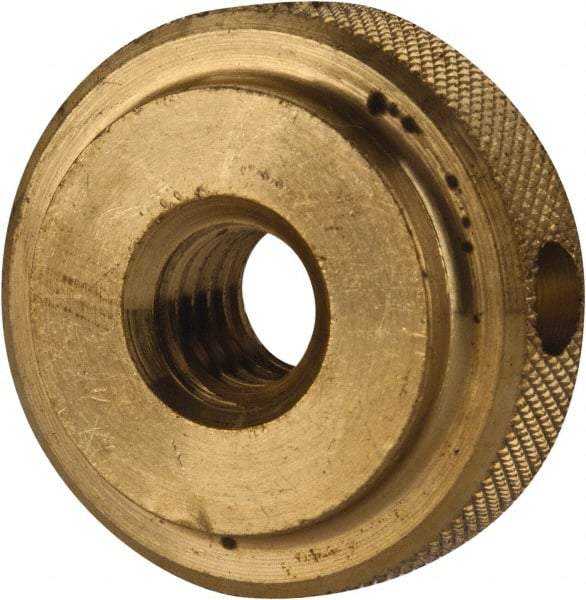 Gibraltar - 5/16-18" UNC Thread, Uncoated, Brass Round Knurled Check Nut - 3/8" Overall Height, 1" Head Diam, 3/4" Diam x 3/32" Base Height - Exact Tool & Supply