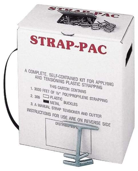 Value Collection - 3,000 Foot Long x 1/2 Inch Wide x 0.015 Inch Thick, Economy Polyproylene Strapping Kit - 260 Lbs Tensile Strength, Contains Self Dispensing Box, Polypropylene Strapping, 300 Metal Buckles and Tensioning Cutting Tool - Exact Tool & Supply