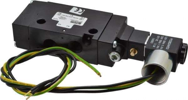 Parker - 1/4" Inlet x 1/4" Outlet, Single Solenoid Actuator, Air Return, 2 Position, Body Ported Solenoid Air Valve - 120 VAC Input, 88 CFM, 1.4 CV, 4 Way, 145 psi, 5-3/4" Long x 1.15" Wide x 3.97" High, 0 to 160°F - Exact Tool & Supply
