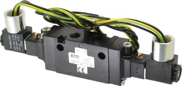 Parker - 1/4" Inlet x 1/4" Outlet, Double Solenoid Actuator, Solenoid Return, 2 Position, Body Ported Solenoid Air Valve - 120 VAC Input, 88 CFM, 1.4 CV, 4 Way, 145 psi, 7-3/10" Long x 1.15" Wide x 3.97" High, 0 to 160°F - Exact Tool & Supply