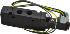 Parker - 3/8" Inlet x 3/8" Outlet, Single Solenoid Actuator, Air Return, 2 Position, Body Ported Solenoid Air Valve - 120 VAC Input, 88 CFM, 2.8 CV, 4 Way, 145 psi, 5-3/4" Long x 1.15" Wide x 3.97" High, 0 to 160°F - Exact Tool & Supply