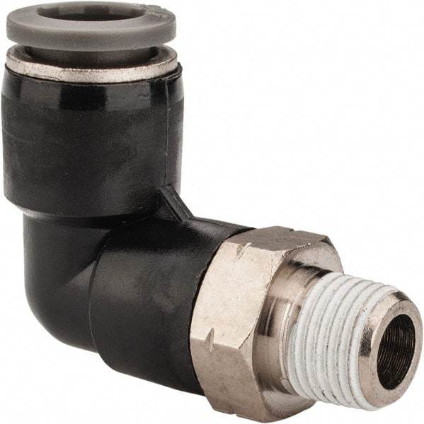 Norgren - 5/16" Tube OD, 1/8 NPTF Brass Push-to-Connect Tube Male Swivel Elbow - Tube to Male NPT Connection, 150 Max psi, Nitrile O-Ring, 0 to 175°F Working Temp - Exact Tool & Supply