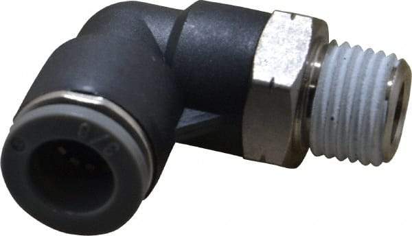 Norgren - 3/8" Tube OD, 1/4 NPTF Brass Push-to-Connect Tube Male Swivel Elbow - Tube to Male NPT Connection, 150 Max psi, Nitrile O-Ring, 0 to 175°F Working Temp - Exact Tool & Supply