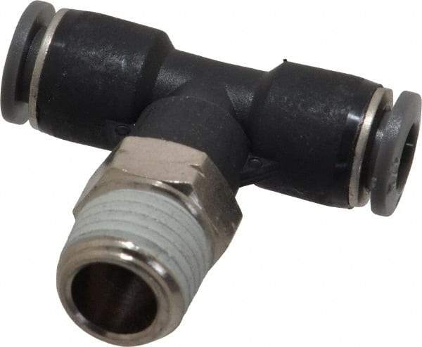Norgren - 1/4" Tube OD, 1/4 NPTF Brass Push-to-Connect Tube Male Swivel Branch Tee - Tube to Male NPT Connection, 150 Max psi, Nitrile O-Ring, 0 to 175°F Working Temp - Exact Tool & Supply