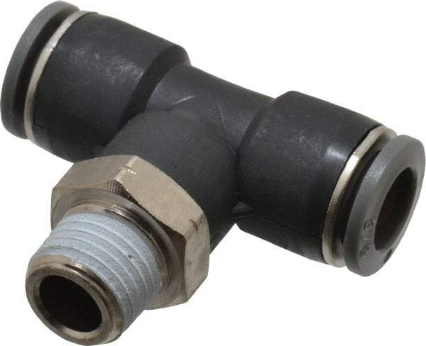 Norgren - 3/8" Tube OD, 1/4 NPTF Brass Push-to-Connect Tube Male Swivel Branch Tee - Tube to Male NPT Connection, 150 Max psi, Nitrile O-Ring, 0 to 175°F Working Temp - Exact Tool & Supply
