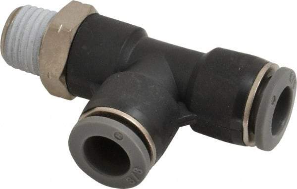 Norgren - 3/8" Tube OD, 1/4 NPTF Brass Push-to-Connect Tube Male Swivel Run Tee - Tube to Male NPT Connection, 150 Max psi, Nitrile O-Ring, 0 to 175°F Working Temp - Exact Tool & Supply