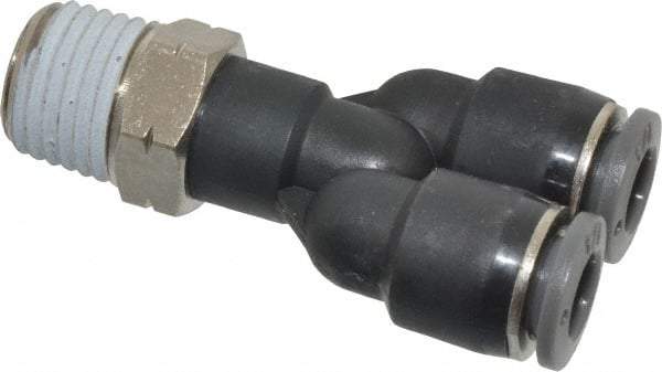 Norgren - 1/4" Tube OD, 1/4 NPTF Brass Push-to-Connect Tube Male Parallel Y - Tube to Male NPT Connection, 150 Max psi, Nitrile O-Ring, 0 to 175°F Working Temp - Exact Tool & Supply