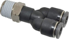 Norgren - 1/4" Tube OD, 1/4 NPTF Brass Push-to-Connect Tube Male Parallel Y - Tube to Male NPT Connection, 150 Max psi, Nitrile O-Ring, 0 to 175°F Working Temp - Exact Tool & Supply