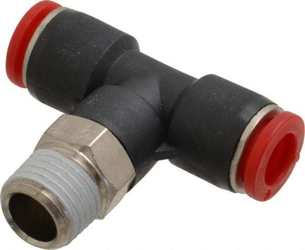 Norgren - 8mm Tube OD, 1/4 BSPT Brass Push-to-Connect Tube Male Swivel Branch Tee - Tube to Male BSPT Connection, 150 Max psi, Nitrile O-Ring, 0 to 175°F Working Temp - Exact Tool & Supply