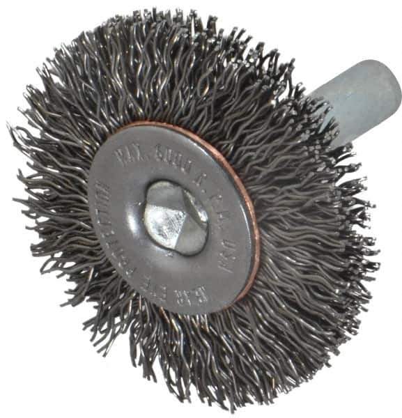 Made in USA - 1-1/2" OD, 1/4" Shank Diam, Crimped Steel Wheel Brush - 1/4" Face Width, 0.014" Filament Diam, 6,000 RPM - Exact Tool & Supply