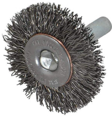 Made in USA - 1-1/2" OD, 1/4" Shank Diam, Crimped Steel Wheel Brush - 1/4" Face Width, 0.014" Filament Diam, 6,000 RPM - Exact Tool & Supply
