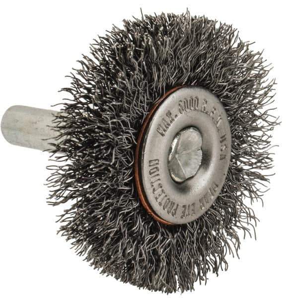 Made in USA - 1-1/2" OD, 1/4" Shank Diam, Crimped Steel Wheel Brush - 1/4" Face Width, 0.008" Filament Diam, 6,000 RPM - Exact Tool & Supply