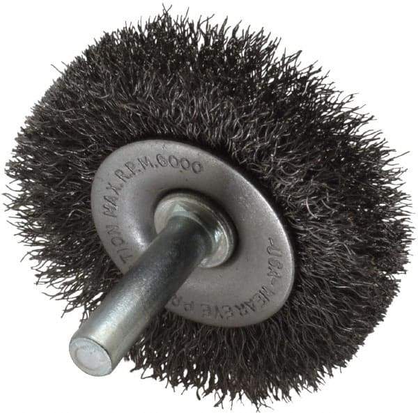 Made in USA - 2" OD, 1/4" Shank Diam, Crimped Steel Wheel Brush - 1/4" Face Width, 0.008" Filament Diam, 6,000 RPM - Exact Tool & Supply