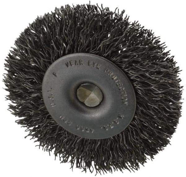 Made in USA - 2-1/2" OD, 1/4" Shank Diam, Crimped Steel Wheel Brush - 1/4" Face Width, 0.014" Filament Diam, 4,500 RPM - Exact Tool & Supply