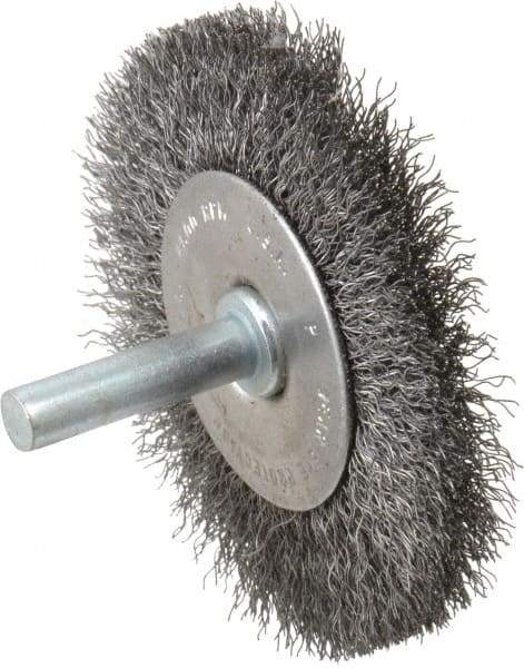 Made in USA - 2-1/2" OD, 1/4" Shank Diam, Crimped Steel Wheel Brush - 1/4" Face Width, 0.008" Filament Diam, 20,000 RPM - Exact Tool & Supply