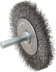 Made in USA - 2-1/2" OD, 1/4" Shank Diam, Crimped Steel Wheel Brush - 1/4" Face Width, 0.008" Filament Diam, 20,000 RPM - Exact Tool & Supply