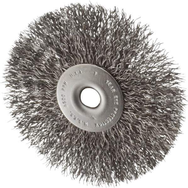 Made in USA - 3-1/2" OD, 1/4" Shank Diam, Crimped Steel Wheel Brush - 1/4" Face Width, 0.014" Filament Diam, 4,500 RPM - Exact Tool & Supply
