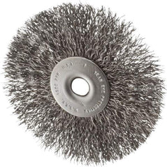 Made in USA - 3-1/2" OD, 1/4" Shank Diam, Crimped Steel Wheel Brush - 1/4" Face Width, 0.014" Filament Diam, 4,500 RPM - Exact Tool & Supply