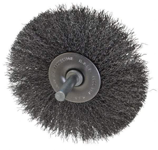 Made in USA - 3-1/2" OD, 1/4" Shank Diam, Crimped Steel Wheel Brush - 1/4" Face Width, 0.008" Filament Diam, 4,500 RPM - Exact Tool & Supply