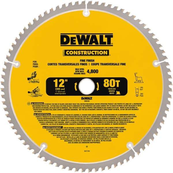 DeWALT - 12" Diam, 1" Arbor Hole Diam, 80 Tooth Wet & Dry Cut Saw Blade - Carbide-Tipped, General Purpose Action, Standard Round Arbor - Exact Tool & Supply