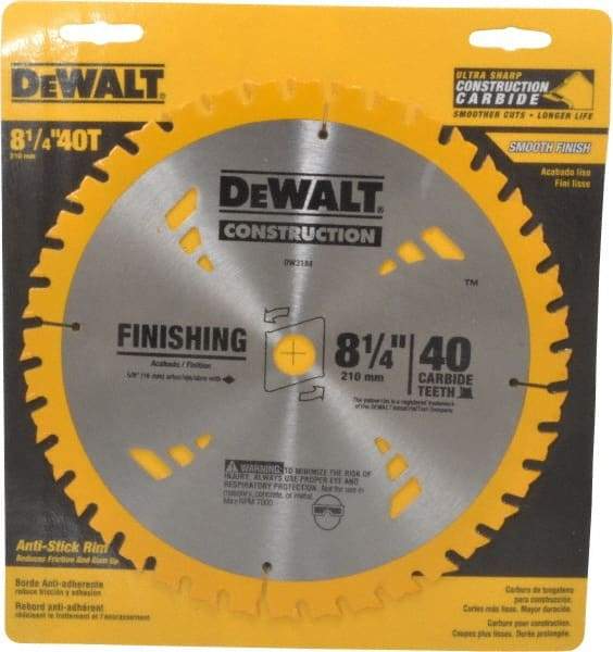 DeWALT - 8-1/4" Diam, 5/8" Arbor Hole Diam, 40 Tooth Wet & Dry Cut Saw Blade - Carbide-Tipped, General Purpose Action, Diamond Arbor - Exact Tool & Supply