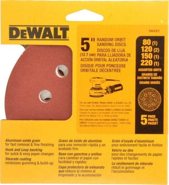 DeWALT - 80, 120, 150, 180, 220 Grit, 5" Disc Diam, Abrasive Disc Kit - Coated, Medium, Fine, (3) Very Fine Grade, Aluminum Oxide - Exact Tool & Supply