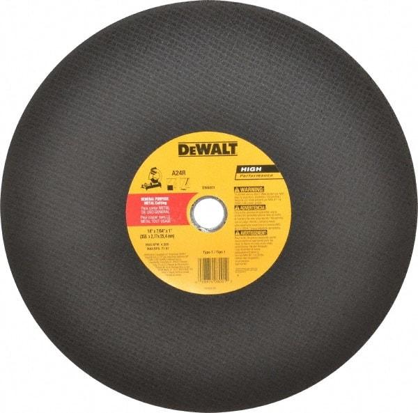 DeWALT - 14" Aluminum Oxide Cutoff Wheel - 7/64" Thick, 1" Arbor, 4,300 Max RPM, Use with Stationary Tools - Exact Tool & Supply