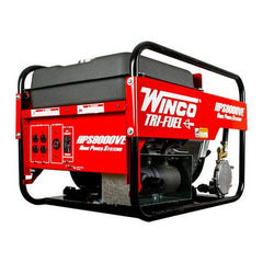 Winco Inc - 3-1/2 hr Full Load Time, 9 kW, Electric/Pull Start, Gasoline, Liquid Propane (LP) & Natural Gas Portable Power Generator - 7 Gal Tank, 32-3/4" Long x 22-1/2" Wide x 22" Deep, 480 cc Engine - Exact Tool & Supply