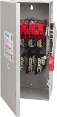 Eaton Cutler-Hammer - 30 Amp, 250 VDC, 480-600 VAC, 3 Pole Fused Safety Switch - NEMA 1, 1 Phase, 7-1/2 hp at 480 VAC, 10 hp at 600 VAC (Single Phase), 15 hp at 480 VAC, 20 hp at 600 VAC (Triple Phase), 3PST Contact Form - Exact Tool & Supply