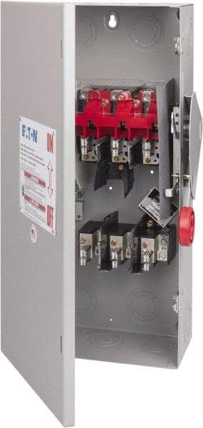 Eaton Cutler-Hammer - 100 Amp, 250 VDC, 480-600 VAC, 3 Pole Fused Safety Switch - NEMA 1, 1 Phase, 30 hp at 480 VAC, 40 hp at 600 VAC (Single Phase), 60 hp at 480 VAC, 75 hp at 600 VAC (Triple Phase), 3PST Contact Form - Exact Tool & Supply