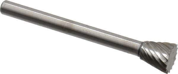 Made in USA - 1/4" Cut Diam, 1/8" Shank Diam, Inverted Cone Head Single Cut Burr - High Speed Steel, Flat End, 1/4" LOC, 1-1/2" OAL - Exact Tool & Supply