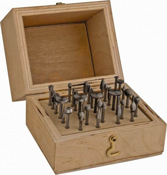 Made in USA - 34 Piece, 1/8" Shank Burr Set - High Speed Steel - Exact Tool & Supply