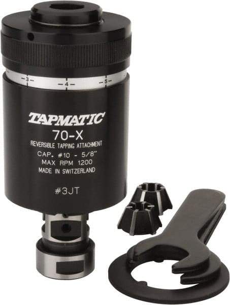 Tapmatic - Model 70X, No. 10 Min Tap Capacity, 5/8 Inch Max Mild Steel Tap Capacity, JT3 Mount Tapping Head - 24100 (J441), 24500 (J445) Compatible, Includes Tap Clamping Wrenches and 2 collets, for Manual Machines - Exact Tool & Supply