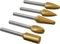 Made in USA - 5 Piece, 1/2" Shank Burr Set - Tungsten Carbide, Multiple Head Shape - Exact Tool & Supply