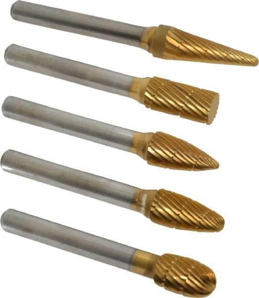 Made in USA - 5 Piece, 3/8" Shank Burr Set - Tungsten Carbide, Multiple Head Shape - Exact Tool & Supply