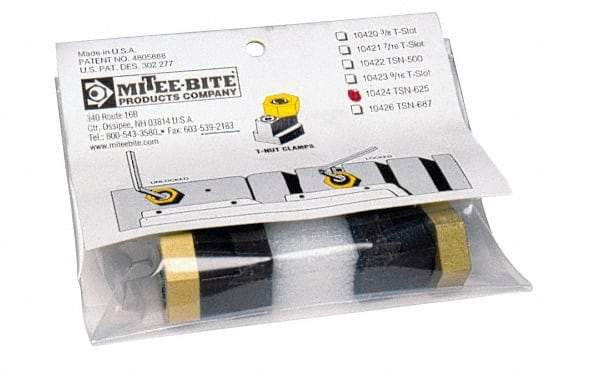 Mitee-Bite - 13/16" Brass Hex, 9/16" T-Slot, 3/8-16 Stud Thread, Symmetrical Hex Clamp - 1/4" Hex Height, 2,000 Lb Holding Force, 3/4" Long Thread, 20.8 Ft/Lb Torque, 2 Clamps - Exact Tool & Supply