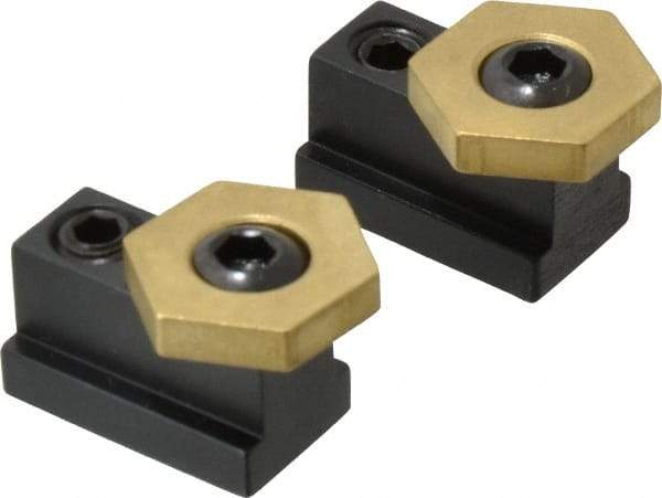 Mitee-Bite - 13/16" Brass Hex, 7/16" T-Slot, 5/16-18 Stud Thread, Symmetrical Hex Clamp - 3/16" Hex Height, 800 Lb Holding Force, 1/2" Long Thread, 8.3 Ft/Lb Torque, 2 Clamps - Exact Tool & Supply