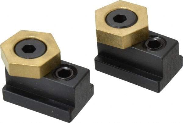 Mitee-Bite - 13/16" Brass Hex, 1/2" T-Slot, 3/8-16 Stud Thread, Symmetrical Hex Clamp - 1/4" Hex Height, 2,000 Lb Holding Force, 3/4" Long Thread, 20.8 Ft/Lb Torque, 2 Clamps - Exact Tool & Supply