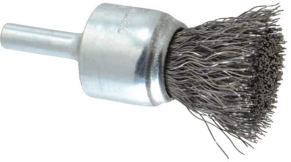Weiler - 3/4" Brush Diam, Crimped, End Brush - 1/4" Diam Steel Shank, 22,000 Max RPM - Exact Tool & Supply