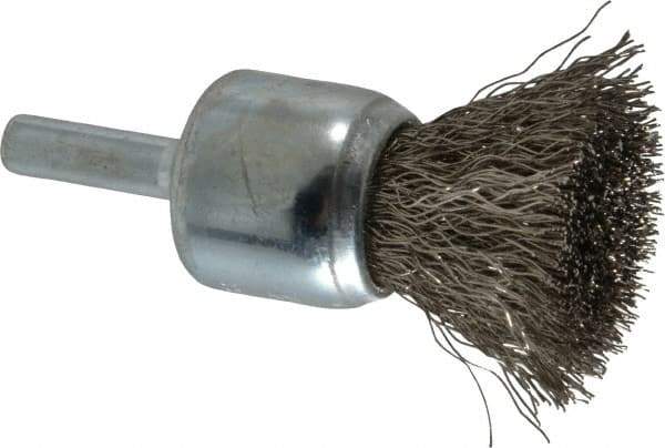 Weiler - 3/4" Brush Diam, Crimped, End Brush - 1/4" Diam Steel Shank, 22,000 Max RPM - Exact Tool & Supply