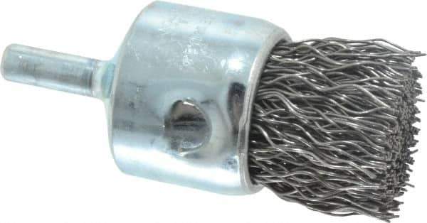 Weiler - 1" Brush Diam, Crimped, End Brush - 1/4" Diam Steel Shank, 22,000 Max RPM - Exact Tool & Supply